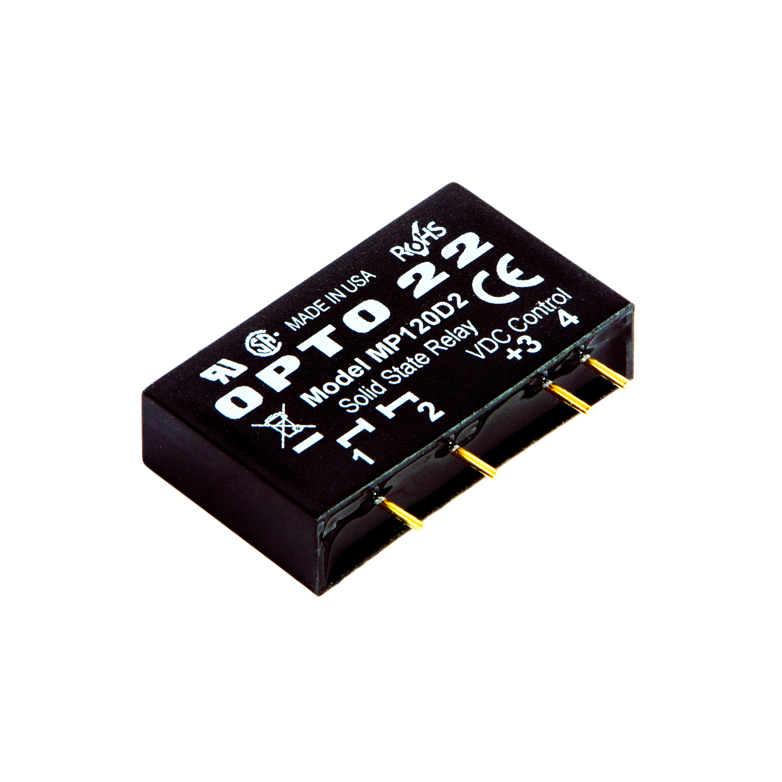 MP120D2 The Opto 22 MP120D2 is a DC-controlled MP Series solid state relay designed for PCB mounting. It switches 120 VAC at up to 2 Amps.