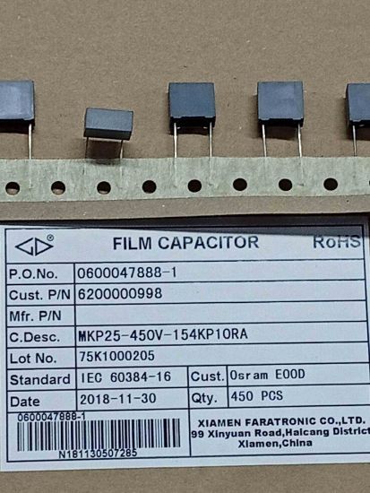 MKP25-450V-154KP The XIAMEN MKP25-450V-154KP is a film capacitor with RoHS3 compliance and an MSL of 1 Unlimited. It is suitable for a wide range of electronic applications.
