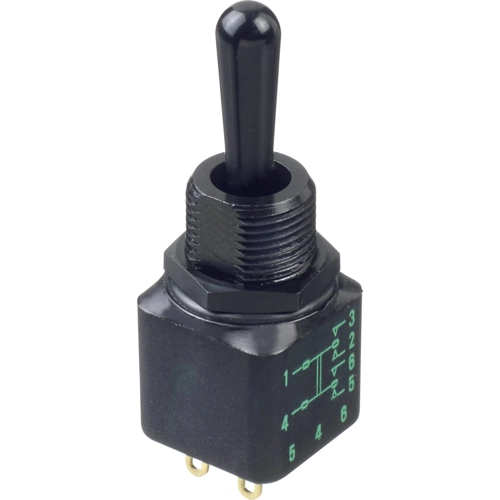 12145X778 The APEM Inc. 12145X778 is a double pole toggle switch with an ON MOM function. It is rated for 4A at 28VDC and features solder lug terminals.