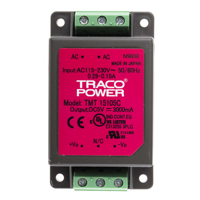 TMT 15105C The Traco Power TMT 15105C is a 15W AC/DC power supply with a 5V DC output and 3A current rating. It features a universal input voltage range of 85-264V AC and is designed for chassis mounting.