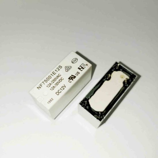 NF75001E12S The Hongfa NF75001E12S is a relay with a 12V coil voltage and a 12A contact current rating. It features one Normally Open (NO) contact and a 5-pin configuration.