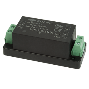 VSK-S10-12UA The CUI Inc. VSK-S10-12UA is a 10W AC-DC converter with a 12VDC output and 0.9A current rating. It features universal input voltage (85-264VAC) and through-hole mounting.