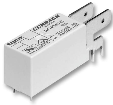 RFHD4012WG The Schrack RFHD4012WG is a PCB-mount non-latching power relay featuring a 1 Form A contact configuration and a 16A switching capacity. It operates with a 12V DC coil.