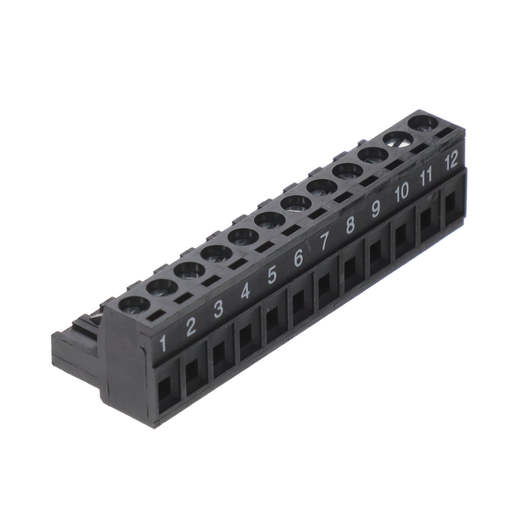 EM256512H-BKL1 12-position terminal block plug with female sockets, 5.08mm pitch, screw termination, free hanging (in-line) mounting. Rated for 16A and 300V, accepts 12-26 AWG wire.