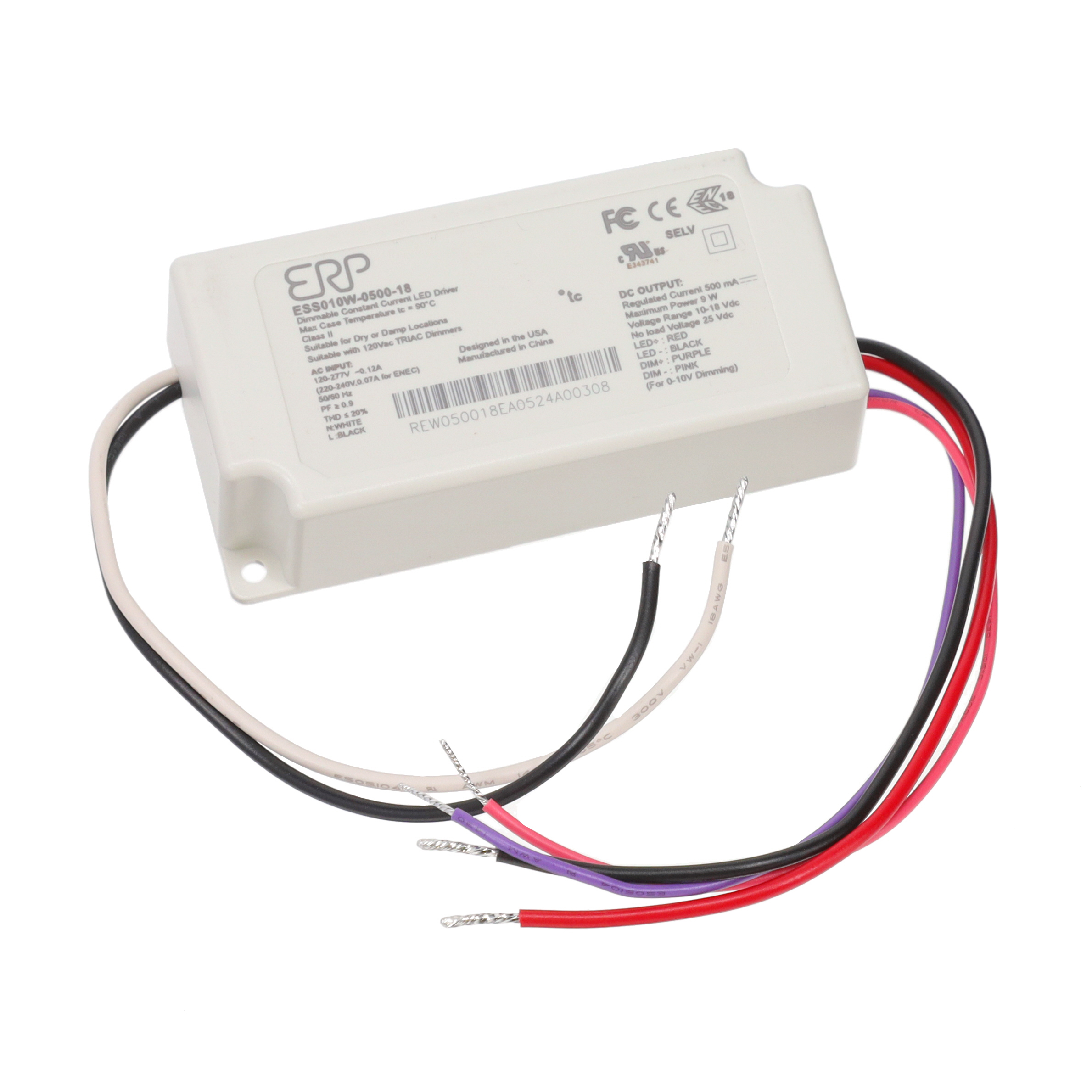 ESS010W-0500-18 The ESS010W-0500-18 is a 9W constant current LED driver from ERP Power, LLC. It features 500mA output current, 120-277VAC input range, and 87% efficiency with Tri-Mode Dimming (TRIAC, ELV, 0-10V).