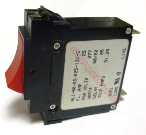 AL1-B0-26-625-131-C The Littelfuse Inc. AL1-B0-26-625-131-C is a single-pole AC circuit breaker with a 25A current rating and 277V voltage rating. It is designed for panel mounting.