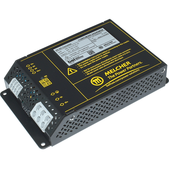 24RCM300-2424DMQK The Bel Power Solutions 24RCM300-2424DMQK is a 300W DC-DC converter designed for chassis mounting. It features a wide input voltage range and dual +/-24VDC outputs.
