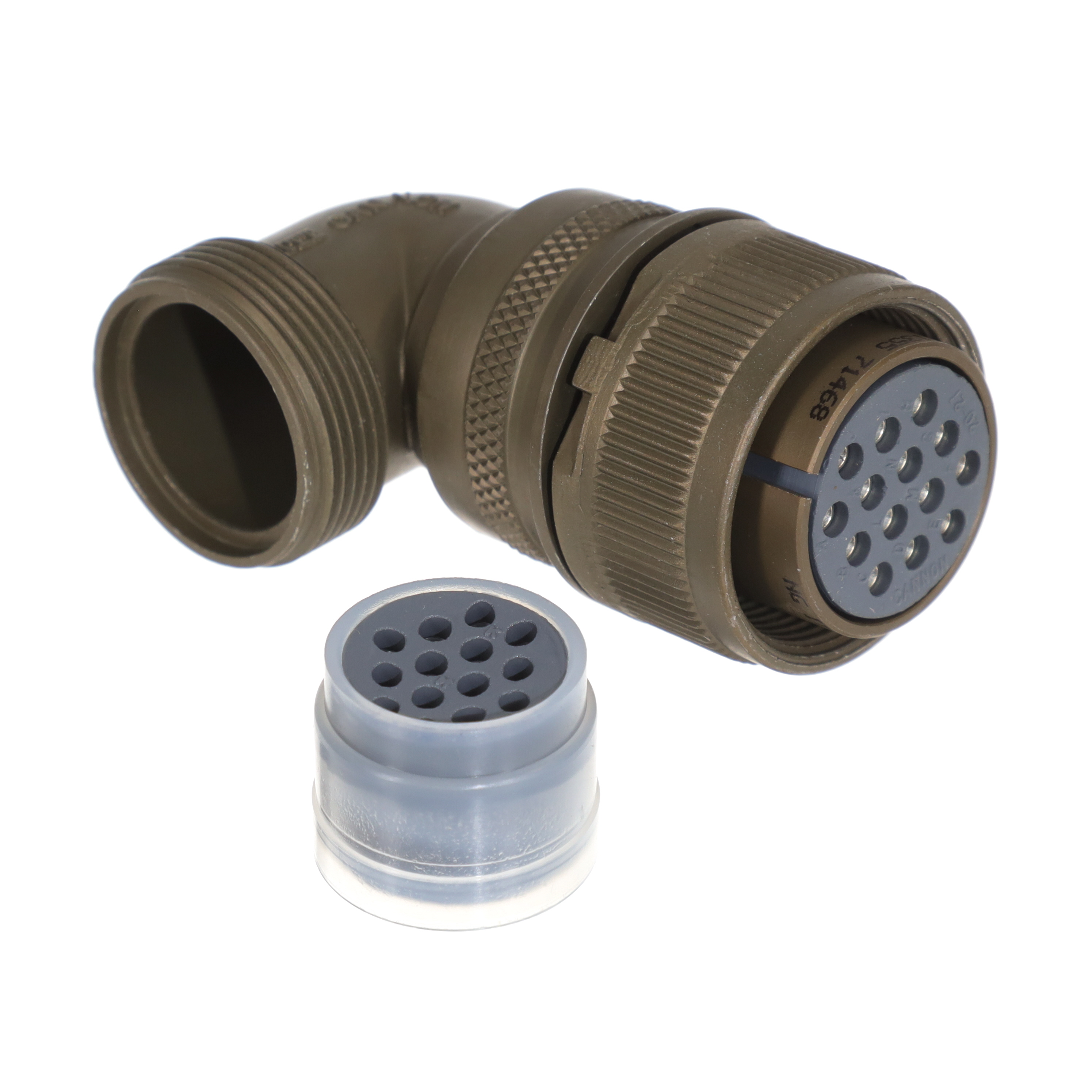 MS3108R20-27S MS3108R20-27S is a 14-position circular connector plug with female sockets, solder cup termination, and free-hanging right-angle mounting. Rated 22A, 500VAC/700VDC.