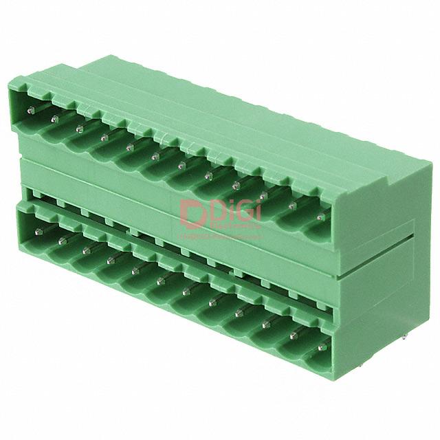 MDSTB2,5/12-G1 This Phoenix Contact MDSTB2,5/12-G1 is a 24-position terminal block header with a 5.08mm pitch. It features a 90° right-angle orientation and through-hole mounting.