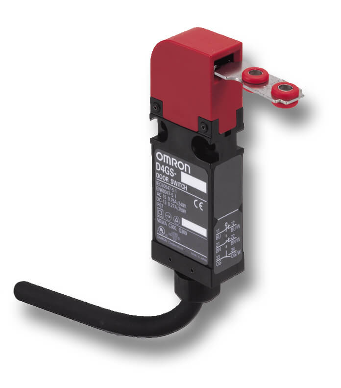 D4GS-N2R The Omron D4GS-N2R is a slim safety door switch with a 17mm width and IP67 rating. It features two normally closed (NC) contacts for safety interlock applications.