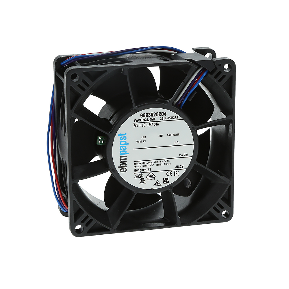 3214J/2H3 The 3214J/2H3 is a 24 VDC tubeaxial fan from Ebm-Papst, delivering 140 CFM airflow with 69 dB(A) noise. It features ball bearings, auto restart, and tachometer output.