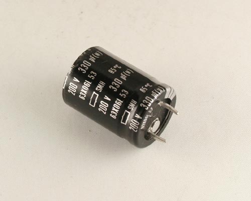 SMH200VN331M22X30T2 This United Chemi-Con SMH200VN331M22X30T2 is an aluminum electrolytic capacitor with a capacitance of 330µF and a voltage rating of 200VDC. It features snap-in leads for easy mounting.