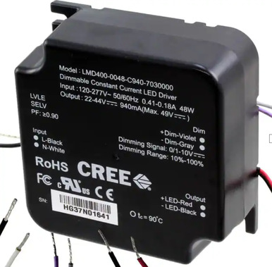 LMD400-0048-C940-7030000 LED Driver Constant Current AC/DC converter providing 940mA output with 22-44V output range. Input voltage 120-277VAC, 41W power, 87% efficiency.
