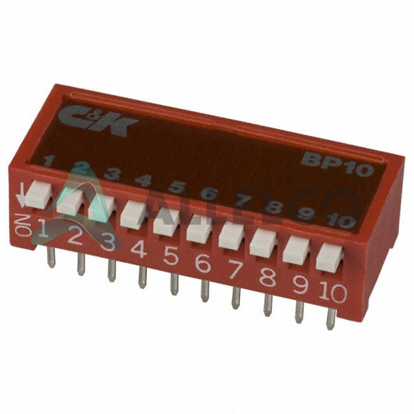 BP10YT The C&K Components BP10YT is a slide DIP switch with 10 positions and an SPST circuit. It is rated for 100mA at 5VDC.