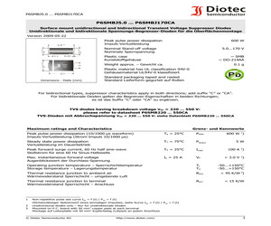SMBJ7.0CA The SMBJ7.0CA is a bidirectional TVS Diode from Diodes Incorporated, designed for transient voltage suppression. It offers a 70V reverse standoff voltage and 600W peak pulse power.