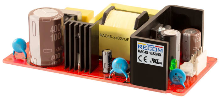 RAC45-12SG/OF The Recom Power RAC45-12SG/OF is a 48W AC/DC converter with a 12V dc output and 3.7A current. It features a universal 90-264V ac input and an open frame package.