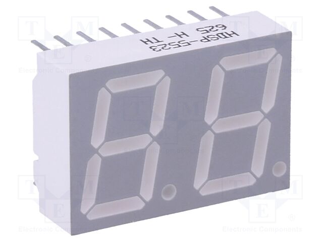 HDSP-5523 The HDSP-5523 is a 2-character, red 7-segment LED display from Broadcom (Avago). It features a digit height of 14.22mm (0.56") and a luminosity range of 0.9 to 2.8mcd.