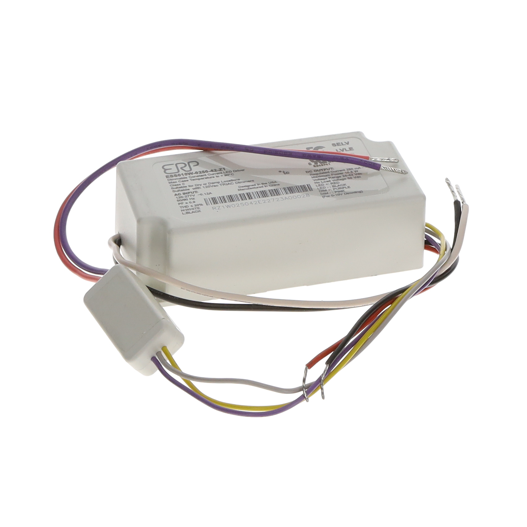 ESSV010W-0250-42 ERP Power ESSV010W-0250-42 is a constant current LED driver with 10.5W output, 250mA, and 24-42VDC range. It features Tri-Mode dimming and high efficiency of 87%.