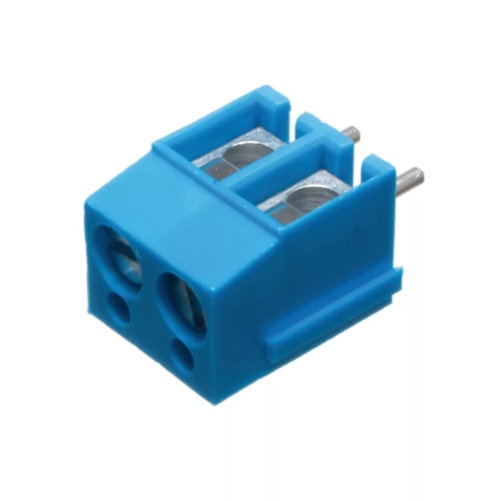 AKZ120/2DS-5.08-V-BLUE This PTR terminal block, model AKZ120/2DS-5.08-V-BLUE, is a 2-position component with a 5.08mm pitch. It is designed for PCB mounting and through-hole termination.