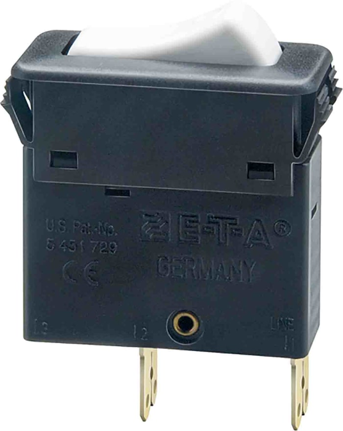 3130-F110-P7T1-W02Q-5A The E-T-A 3130-F110-P7T1-W02Q-5A is a 1-pole thermal circuit breaker designed for snap-in panel mounting. It features a 5A current rating and a 240V AC voltage rating.