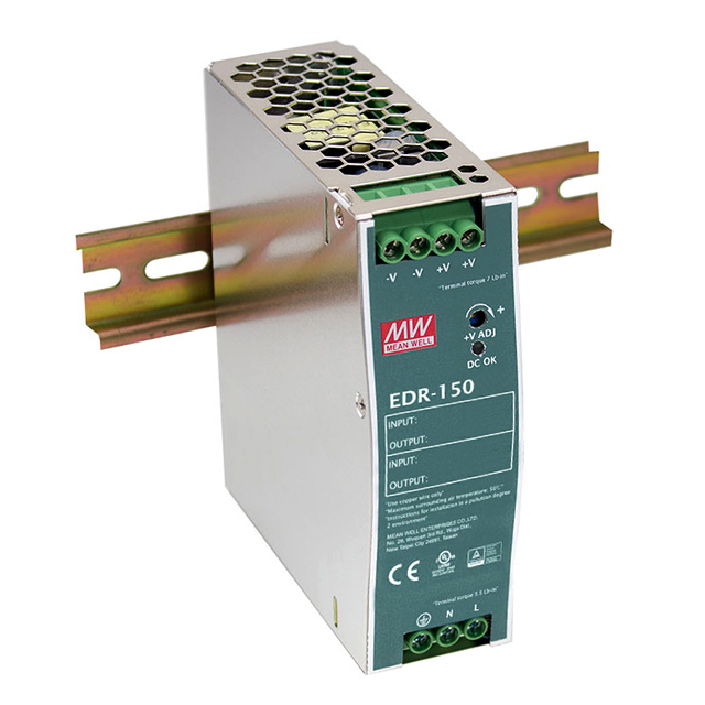 EDR-150-24 Mean Well USA EDR-150-24 is a 156W AC/DC DIN Rail power supply with a single 24V output at 6.5A. It features universal AC input and high efficiency.