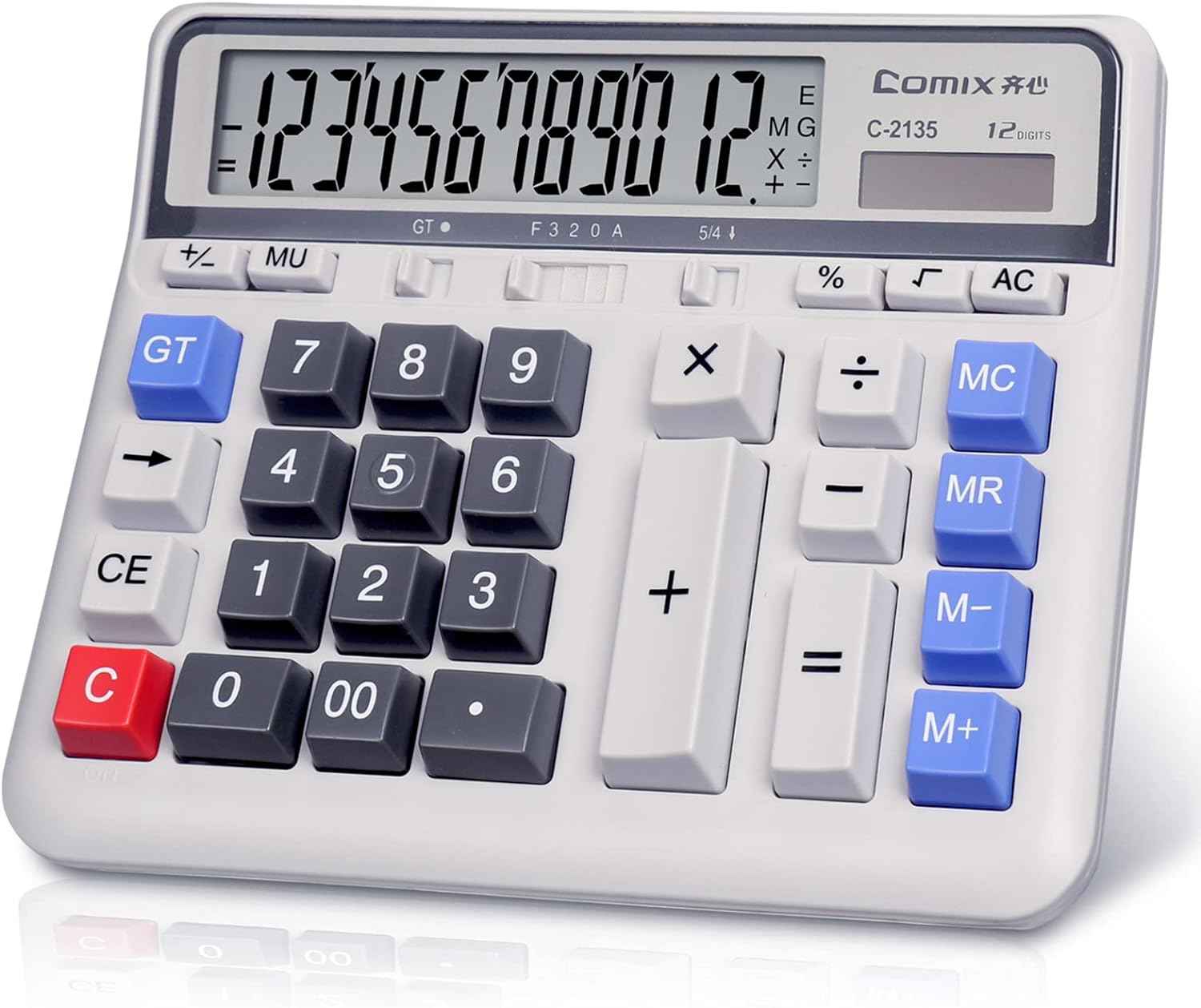 C-2135 The Comix C-2135 is a desktop calculator featuring dual solar and battery power with a 12-digit display. It is RoHS3 compliant.