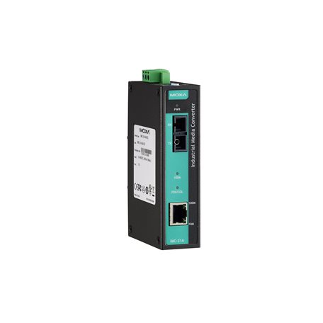 IMC-21A-M-SC-T The Moxa IMC-21A-M-SC-T is an industrial media converter providing 10/100BaseT(X) to 100BaseFX conversion. It supports a wide operating temperature range and DIN-rail mounting for industrial environments.