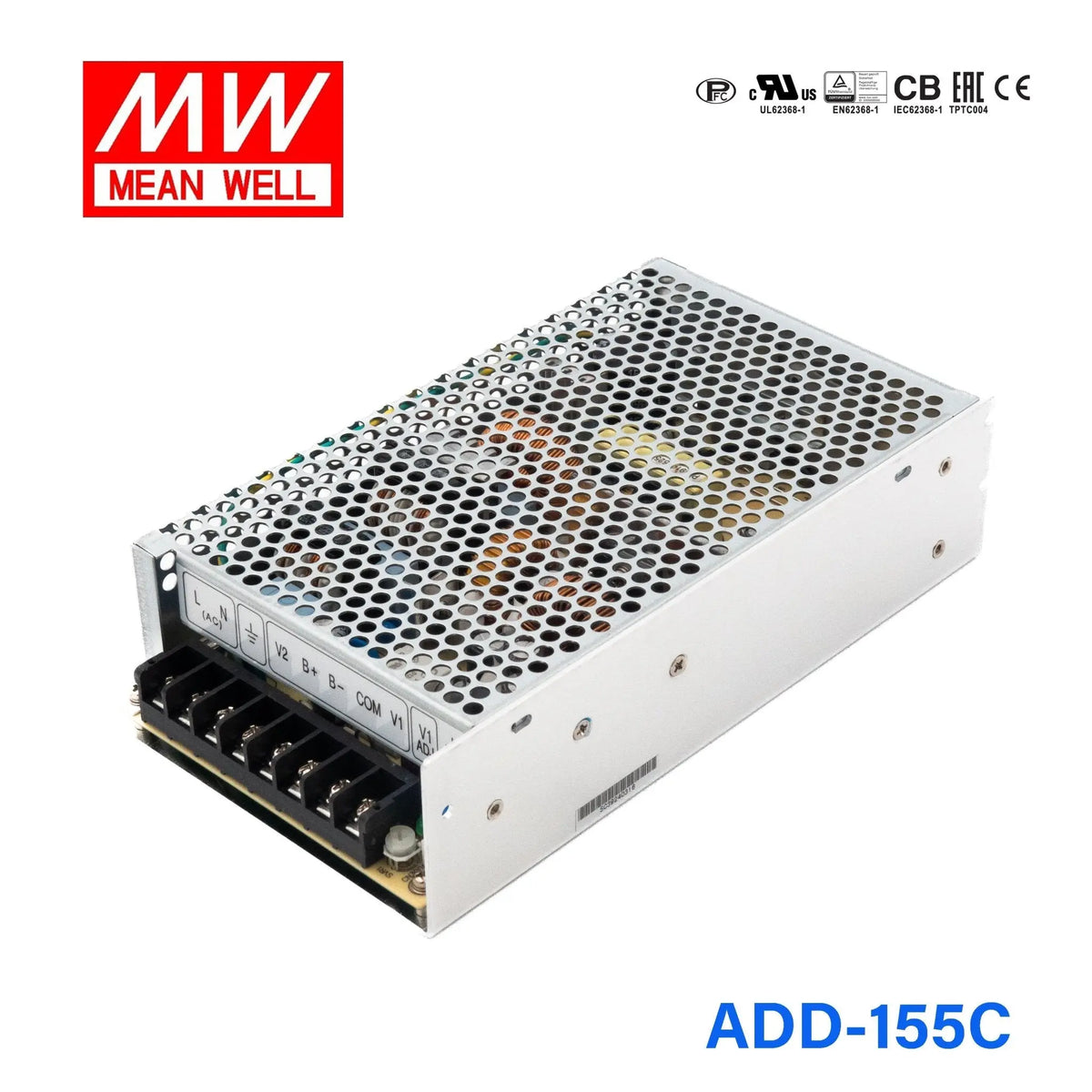 ADD-155C The Mean Well ADD-155C is an enclosed AC/DC converter providing 150W of power with multiple outputs including 54V, 5V, and 53.5V. It features universal AC input and active PFC.