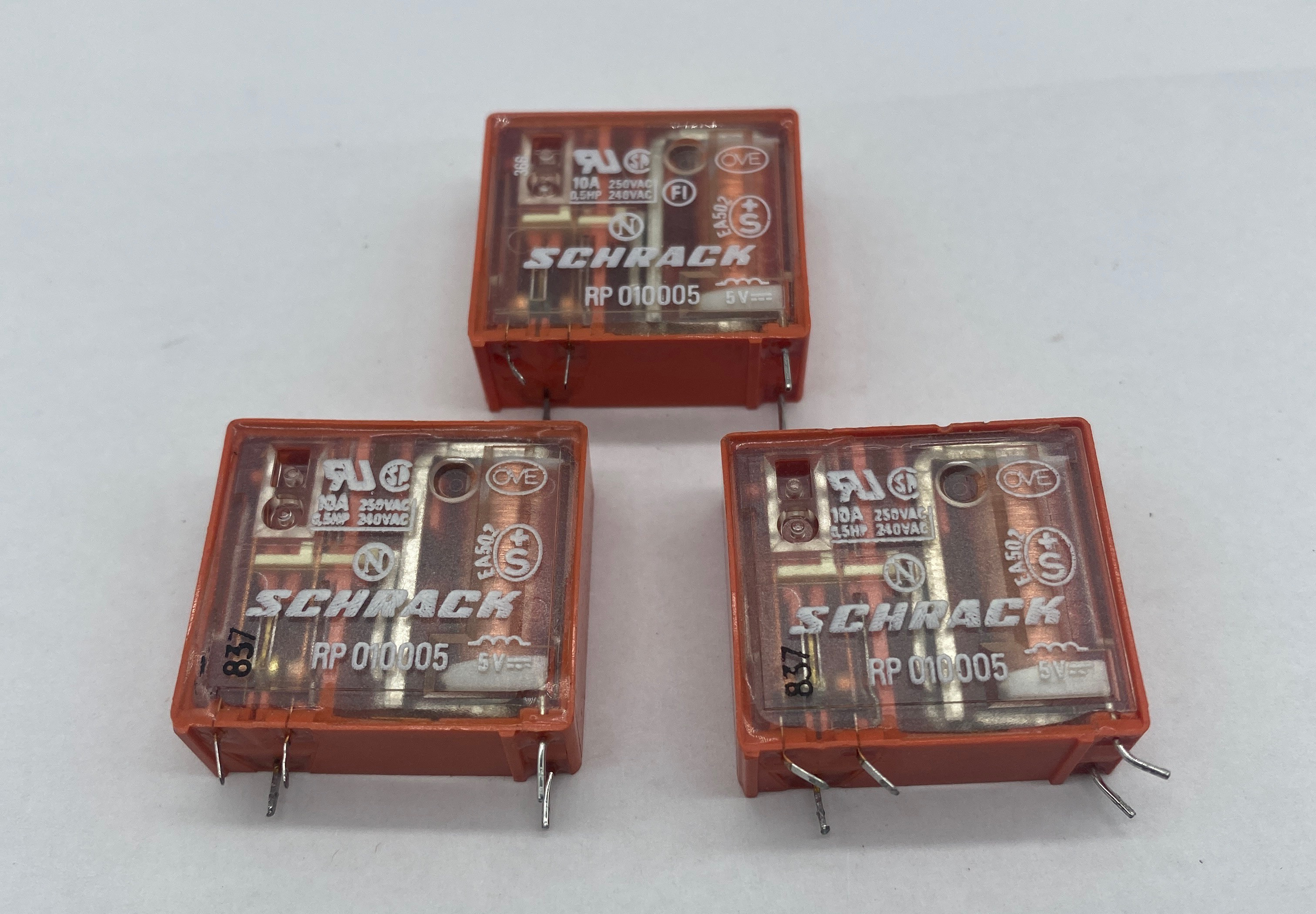RP010005 The Schrack RP010005 is a general purpose relay with a 5VDC coil and a maximum switching capacity of 250VAC at 10A. It is manufactured in Austria.