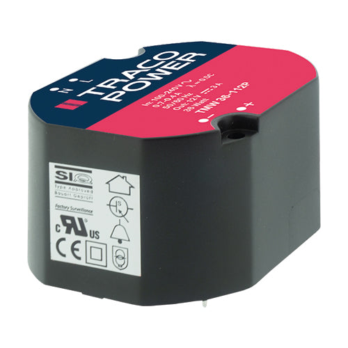 TMW 36-124P The Traco Power TMW 36-124P is an enclosed AC/DC power supply with a 24VDC output and 1.5A current. It provides 36W of power and operates across a wide input voltage range.