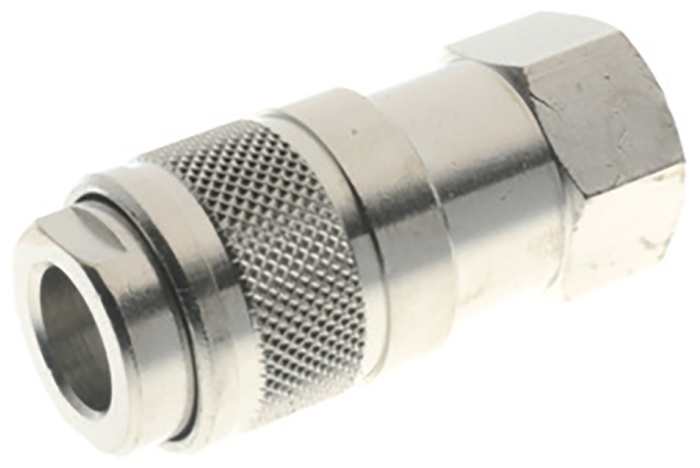 1761911 This RS PRO quick air coupling features a 3/8 in Female BSP thread and is constructed from durable nickel-plated brass. It operates within a temperature range of -20°C to 80°C and can handle pressures up to 16 bar.