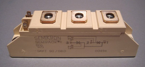 SKKT92/08D The Semikron SKKT92/08D is a dual SCR/Thyristor module with a repetitive peak off-state voltage of 800V and a current on state of 92A. It is RoHS3 Compliant.