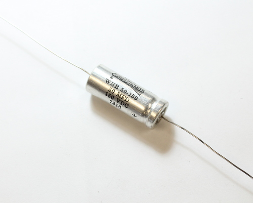 WHB50-150 The Cornell Dubilier Electronics WHB50-150 is an axial aluminum electrolytic capacitor with a capacitance of 50µF and a voltage rating of 150V. It features a tolerance of ±20%.