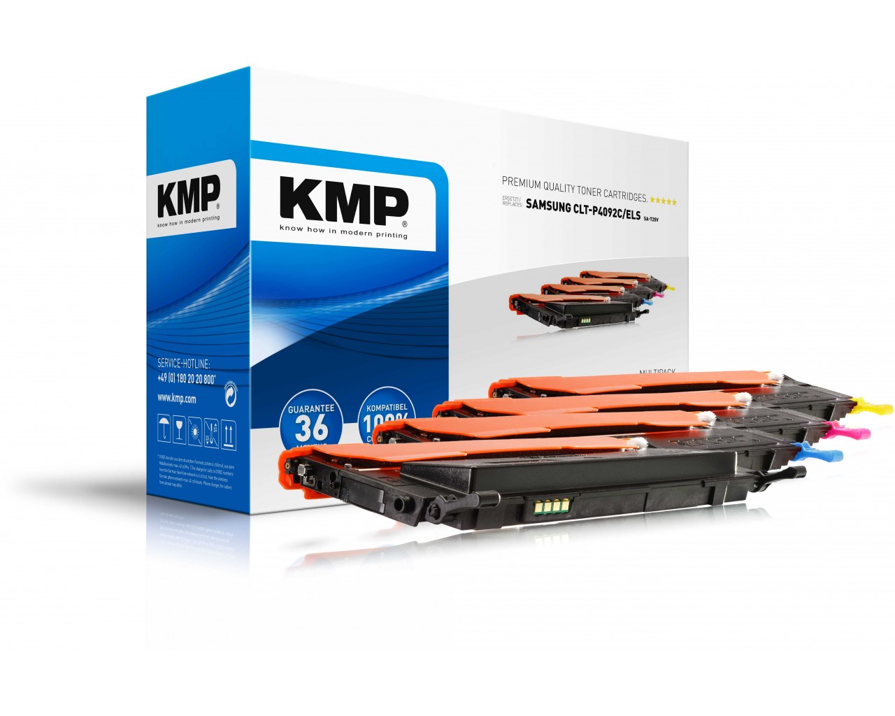 Samsung K4092 This compatible KMP toner set for Samsung printers includes black, cyan, magenta, and yellow cartridges. It offers a yield of 1500 pages for black and 1000 pages for colors.