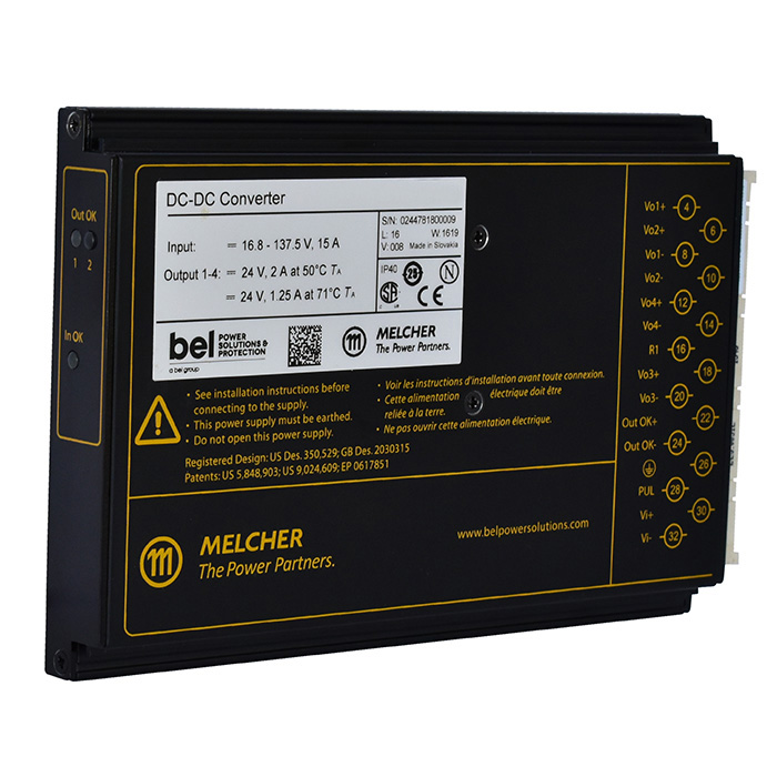 HP4320-9RG The Bel Power Solutions HP4320-9RG is a 192W DC-DC converter with a wide input voltage range and four 12V outputs. It is designed for rugged applications.