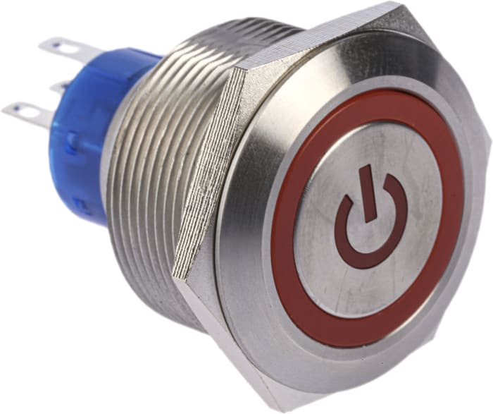 175-8377 This RS PRO illuminated push button switch offers a panel mount design with a 25.2mm cutout and solder terminals. It features a red LED indicator and an IP67 rating.