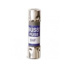 BAF-1 Eaton Bussmann BAF-1 is a 1A, 250VAC fast-acting supplemental fuse with a 35A interrupting rating. It features a fiber tube body and nickel-plated brass end caps.
