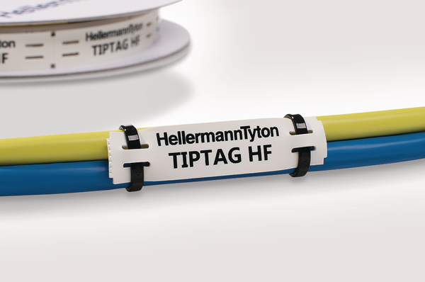 TIPTAG11BEX100S The HellermannTyton TIPTAG11BEX100S is a thermal transfer identification tag designed for marking cable bundles. It is supplied on a reel of 120 pieces.