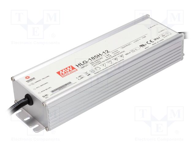 HLG-185H-12 The Mean Well HLG-185H-12 is a 156W constant current / constant voltage LED driver with AC-DC topology. It delivers 13A at 6-12V output with 91.5% efficiency.