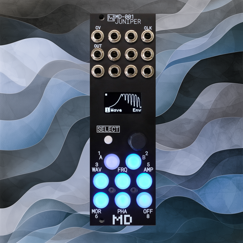 MD-001 The MD-001 Juniper is an 8-channel clock and modulation source featuring a powerful modulation matrix for complex waveform generation. It offers 16-bit outputs and CV looping functionality.