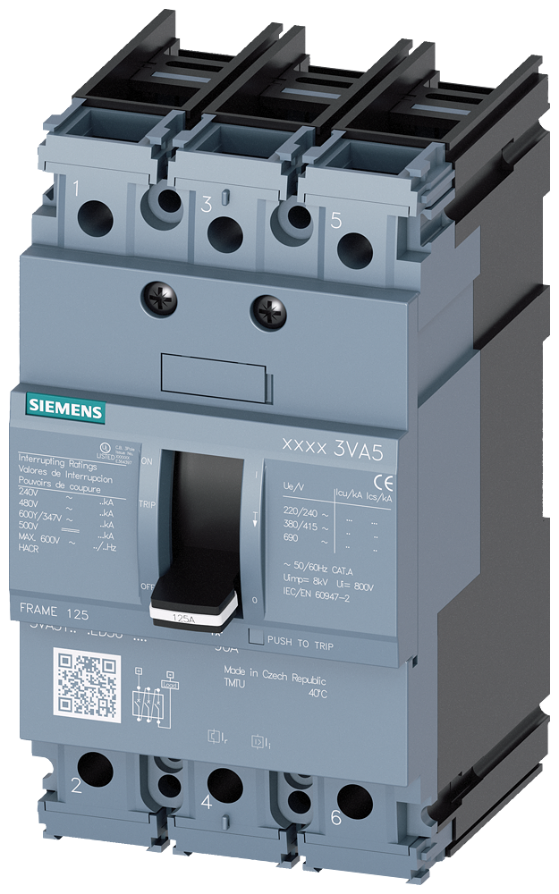 3VA5125-4ED36-0AA0 The Siemens 3VA5125-4ED36-0AA0 is a 3-pole molded-case circuit breaker designed for system protection. It offers a 25A operational current and a 690V rated voltage.