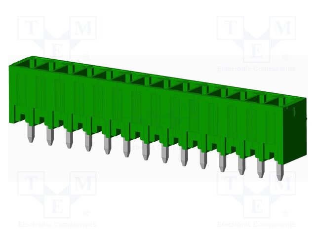 OQ1412500000G 14 position, 3.5mm pitch vertical shrouded header with male pins. Rated for 10A and 300V, through hole solder termination.