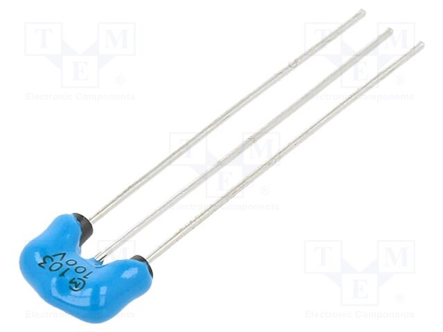 DSS1NB32A103Q55B Low pass LC (T-Type) filter from Murata with 0.01µF capacitance, 100VDC rating, and 6A current capacity. Through hole radial 3-lead package.