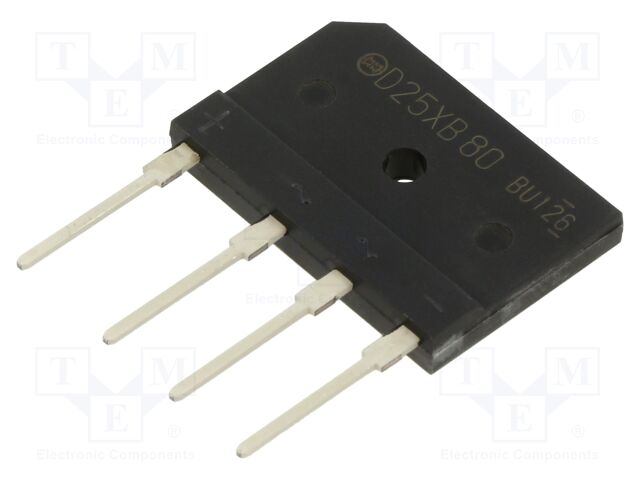 D25XB80-7000 The Shindengen D25XB80-7000 is a single-phase bridge rectifier with a maximum off-state voltage of 800V and a load current of 25A. It is designed for THT mounting.