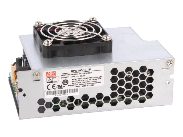RPS-400-18-TF The Mean Well RPS-400-18-TF is a 250W AC/DC converter with an 18VDC output voltage. It features a universal input voltage range of 80-264VAC and is designed for chassis mounting.
