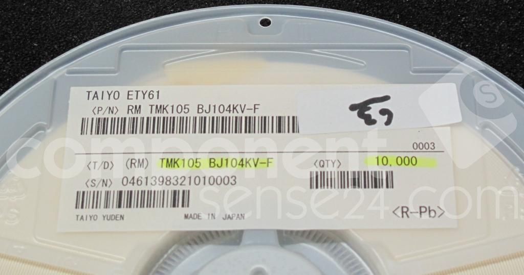 TMK105BJ104KV-F 0.1 µF MLCC, 25V, X5R, ±10% tolerance, 0402 (1005 Metric) surface mount package.