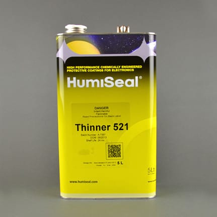 521 THINNER The HumiSeal 521 Thinner is a clear, solvent-based thinner designed to adjust the viscosity of compatible HumiSeal coatings. It is supplied in a 5 L can.
