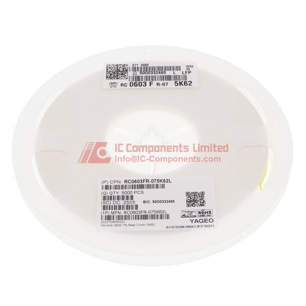 RC0603FR-075K62L The Yageo RC0603FR-075K62L is a surface mount chip resistor with a resistance of 5.62 kOhms and a tolerance of ±1%. It is designed for general-purpose applications.