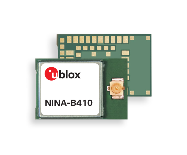 NINA-B410 The u-blox NINA-B410 is a stand-alone Bluetooth 5.1 Low Energy module designed for harsh professional environments. It offers a maximum range of 1400 meters and a throughput of 0.8 Mbit/s.