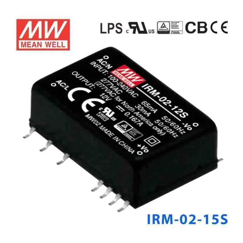 IRM-02-15S The Mean Well USA IRM-02-15S is a 2W AC/DC converter featuring a 15V output and universal AC input range. It is designed for surface mount applications.
